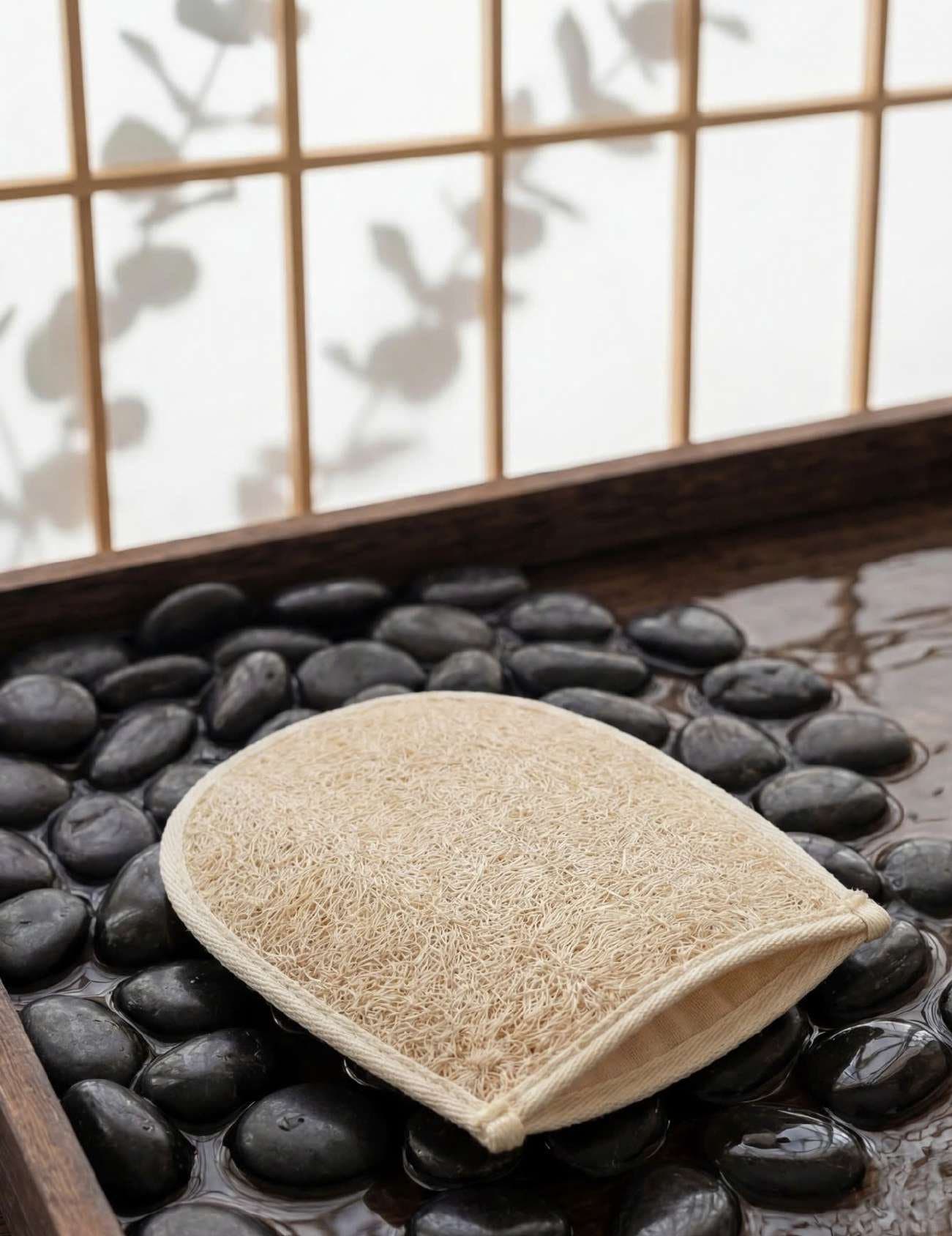 Natural loofah bath glove resting on smooth black spa stones