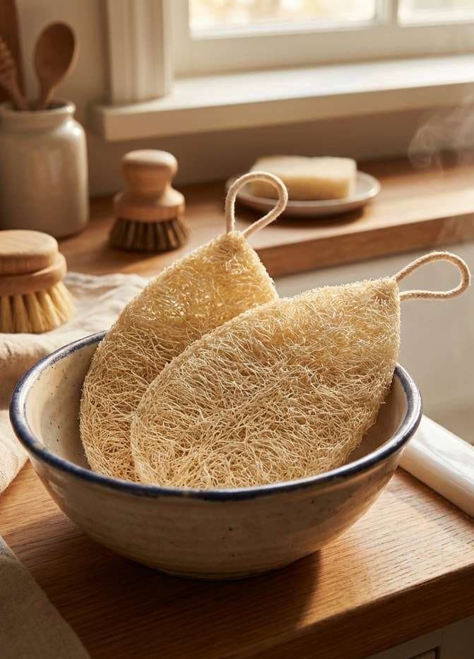 Natural loofah bath sponges in a ceramic bowl on a kitchen counter