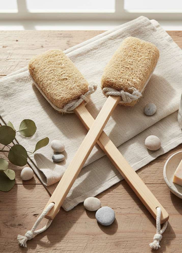 Two wooden handle loofah back scrubber brushes on a linen towel