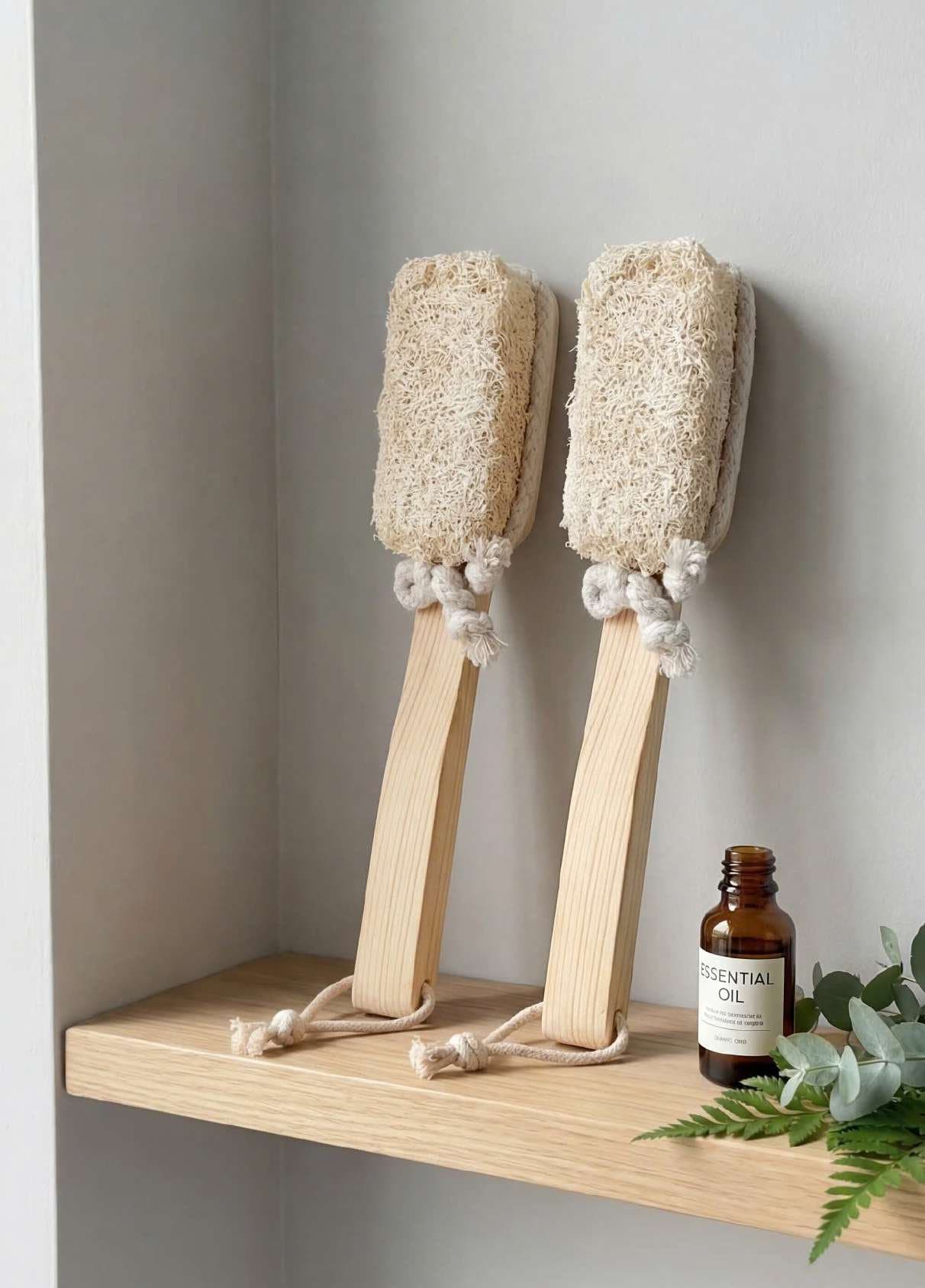Two wooden handle loofah brushes on a shelf with essential oil and eucalyptus