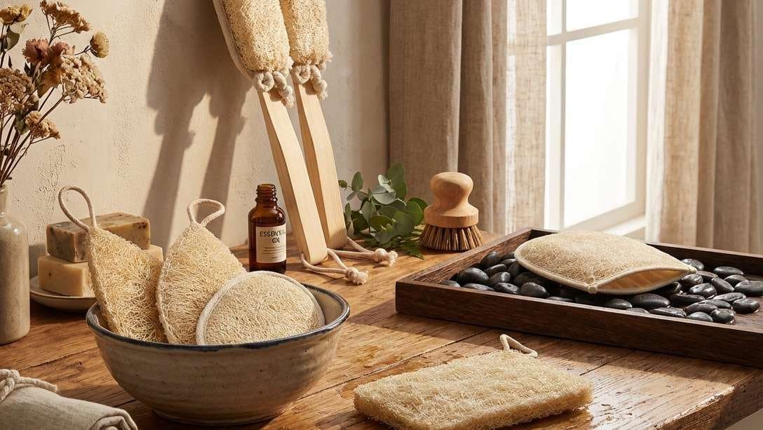 Natural Vietnamese loofah kitchen and bath products arranged on a natural table