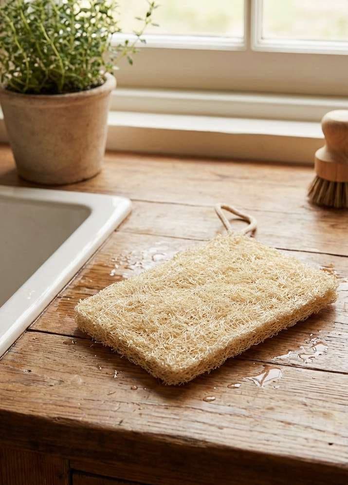 Rectangular natural loofah dishwashing sponge on a wooden kitchen counter