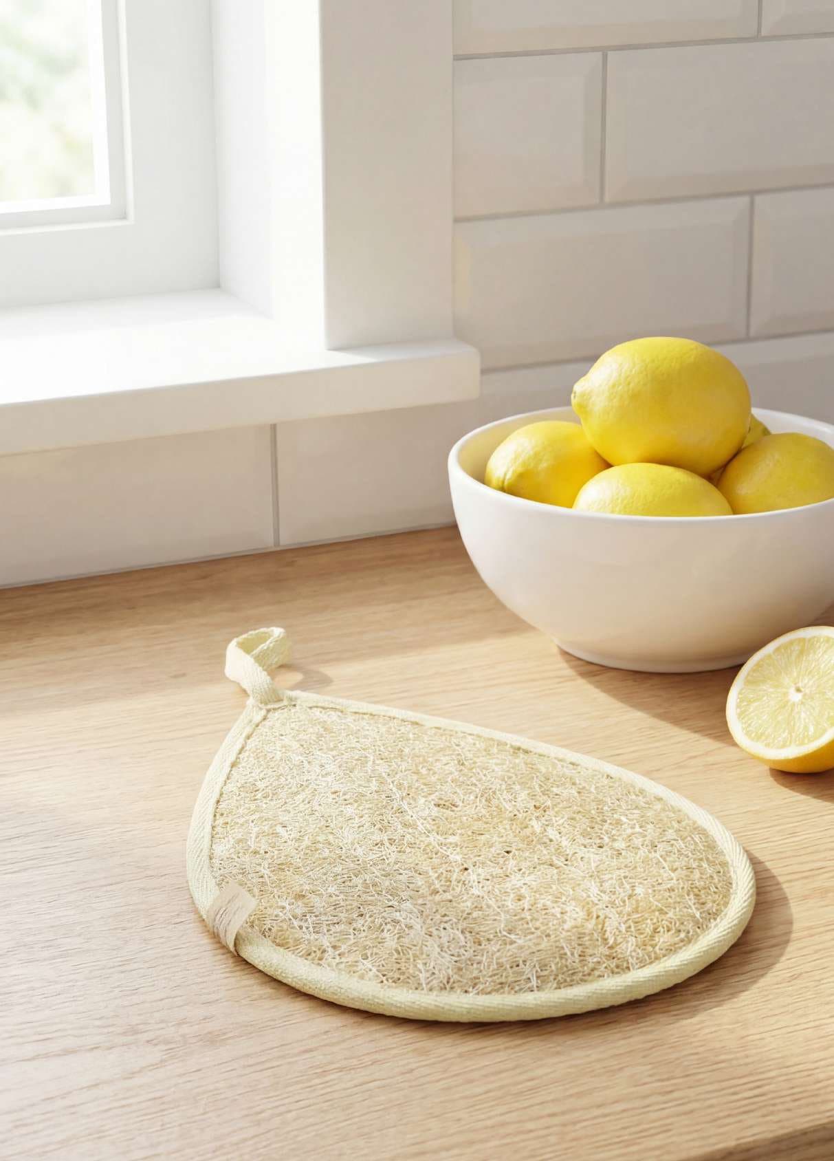 Teardrop natural loofah dish sponge beside a bowl of lemons